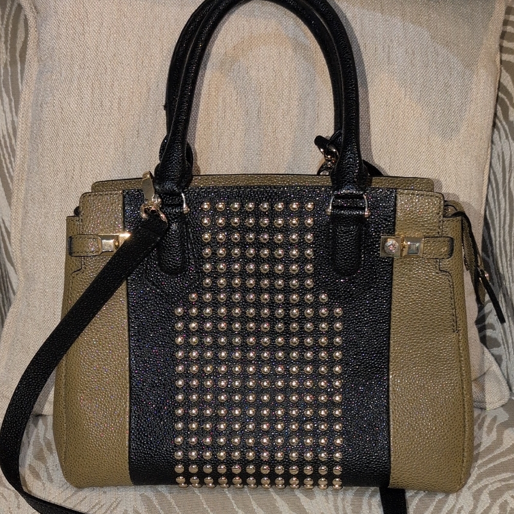 Henri Bendel Carlyle  Black and Tan Studded Satchel Hard To Find